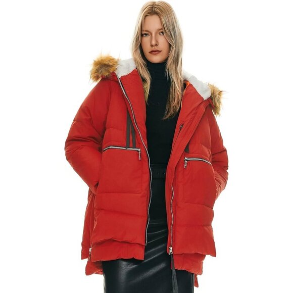 Jackets & Blazers - Women's Dark Red Faux Fur Trim Clothing Down Vest Jacket Warm Fleece Lined Hood